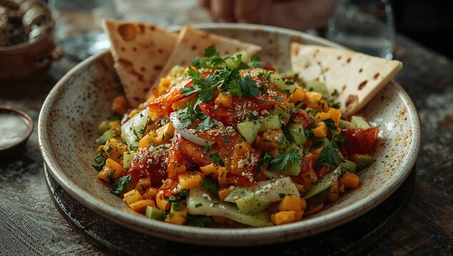 Lunch featuring a vegetarian fattoush salad with toasted pita, fresh vegetables, herbs, and lemon dressing
