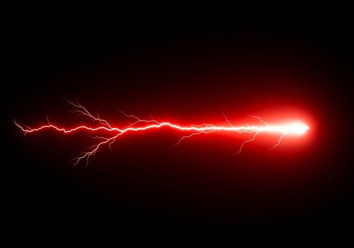 A bright red energy beam or laser shot with sparks and light trails against a dark black background, symbolizing power and futuristic technology