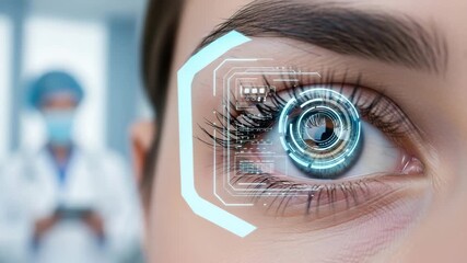 Closeup female eye being scanned by futuristic digital interface, biometric identification, high tech vision, innovation in healthcare, cyber security concept - Powered by Adobe
