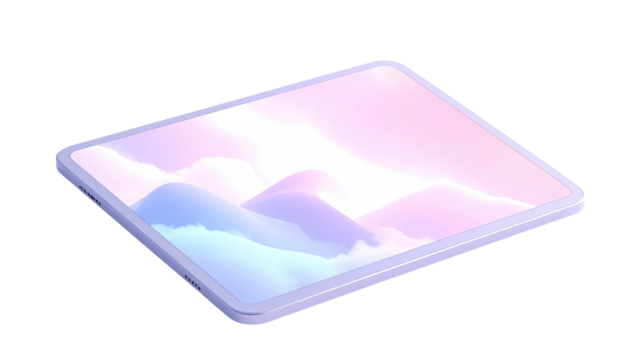 Isometric view of a digital tablet displaying a vaporwave landscape