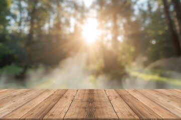 View beyond a rustic wooden surface illuminated by sunlight filtering through a forest or garden, with a soft focus on the wooden table.