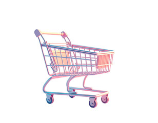 Rendered shopping cart, neon glow, shadows, set against a black background