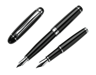 Three black fountain pens, angled views, showing metal accents