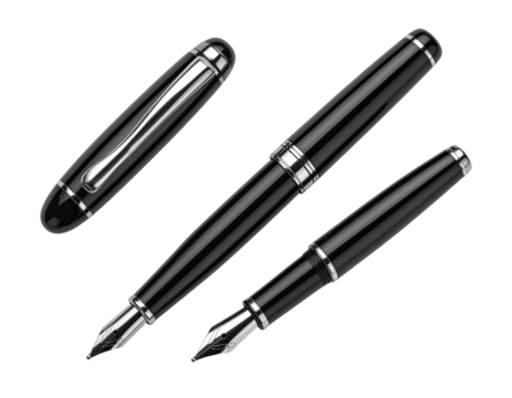 Three black fountain pens, angled views, showing metal accents