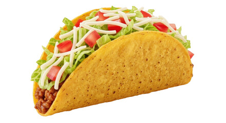 Isolated crispy taco overflowing with savory meat, lettuce, tomatoes, and cheese, yum