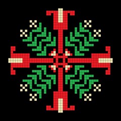 Bellflowers, a symmetrical floral pattern in red, green, and black. The designs are suitable for weaving, cross-stitching, or knitting.