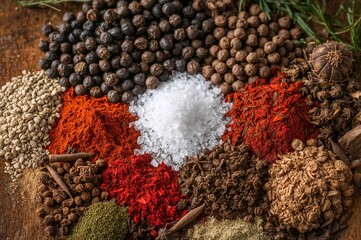 Assorted spices including black and white peppercorns, sea salt, red chili powder, and cloves displayed on a rustic wooden surface. Close-up of vibrant seasonings from above with selective focus and