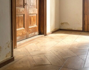 Naklejka premium Close-up of wooden vintage door and entrance floor corner with soft natural light, for renovation and architecture background