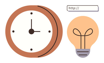 Wall clock showing time, light bulb as creativity, and web browser bar for digital ideas. Ideal for productivity, innovation, creativity, internet, planning brainstorming workflow. Simple flat