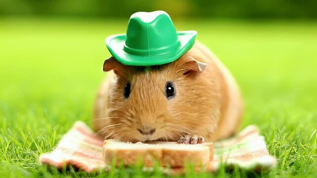 Cute guinea pig in green cowboy hat on grass with bread. Adorable pet portrait enjoying an outdoor snack.
