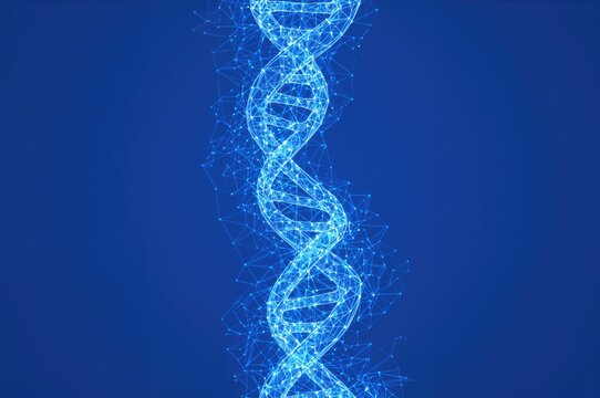 Abstract 3D polygonal wireframe of a DNA helix on a blue backdrop symbolizing genetics and biotechnology