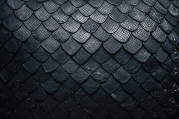 Detailed close-up of a matte metallic texture featuring medieval-style steel chainmail scales and plates from knight armor. Vintage iron protective body armor with an abstract dragon scale pattern.
