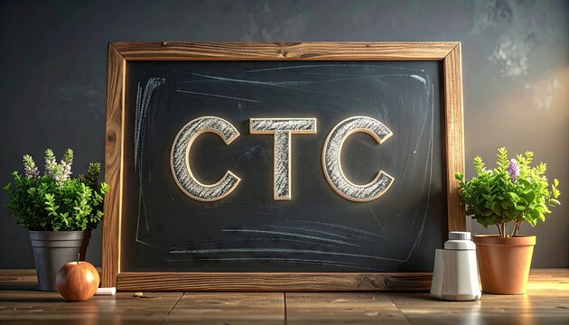 Rustic Wooden Framed Chalkboard with Illuminated CTC Text and Potted Plants on Wooden Surface in Warm Cinematic Lighting