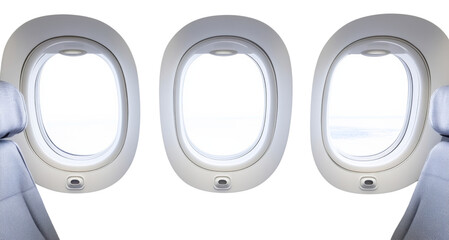 Fototapeta premium Three airplane windows showing clouds and transparent background