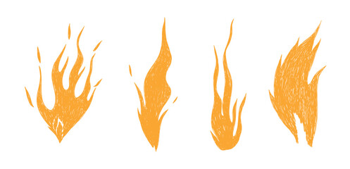 Hand drawn Fire Flame set. Hot crayon flames shapes in cartoon style. Grunge grafitti icons for tattoo, punk rock stickers, sketch. Funky yellow chalk brush elements. Isolated doodle vector illustrati