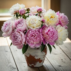 Beautiful Bouquet of Pink and White Peonies in a Rustic Vase on a Wooden Table.