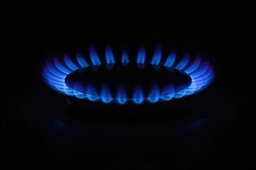 Modern gas burner emitting a blue flame against a dark, translucent background.