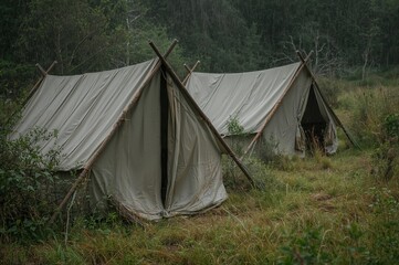 A detailed view of a pair of army tents constructed from durable fabric and held up by wooden poles, sticks, and cords, situated in a grassy and shrub-filled open area immediately following a
