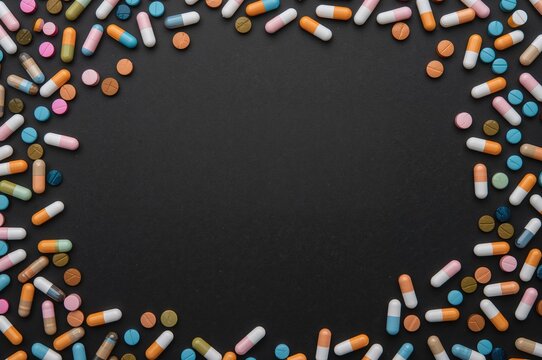 Various colorful capsules scattered on a black surface with empty area for text, top-down perspective. Concept of worldwide medical care and drug manufacturing.