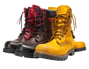 Two sturdy work boots, brown and yellow, side-by-side