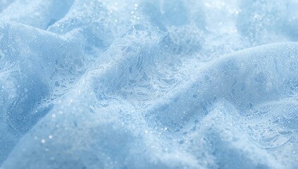 Soft focus on translucent pale blue lace featuring sparkling textures and detailed mesh patterns, producing an ethereal and delicate aesthetic perfect for design use.