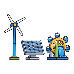 Educational toy kit with wind turbine, solar panel, and mini hydro wheel, designed as a sustainability STEM learning toy for children, clean vector style, isolated on white.