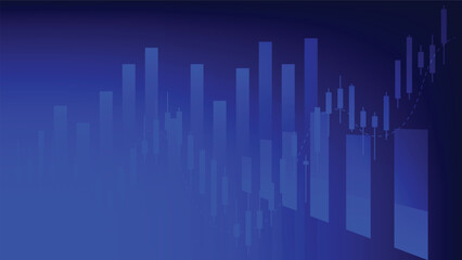 finance and business investment. bar chart and stock market candlesticks on blue background