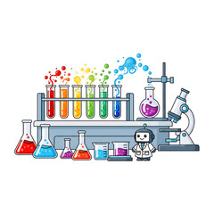 Children’s toy science lab with test tubes mixing colorful liquids into a rainbow, fun STEM education playset design for kids, clean vector style, isolated on white.