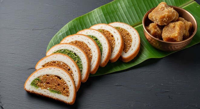 Traditional Bengali Patishapta Pitha Sweet Stuffed with Jaggery and Coconut Served on Banana Leaf Indian Festive Dessert