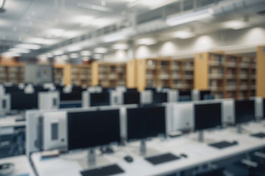 Out-of-focus backdrop showcasing a vibrant and welcoming learning space equipped with sleek computers and large book collections, ideal for scholarly research, collaborative projects, or peaceful