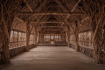 Inside a traditional home featuring woven branch wall structures