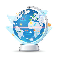 Augmented reality interactive globe toy projecting digital information on continents, geography educational STEM toy design for children, clean vector style, isolated on white.