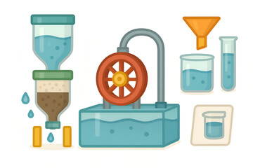 Educational water science kit with mini filter, water wheel, and experiment set, designed as a STEM toy concept for children, clean vector style, isolated on white.