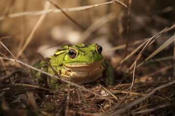 Obraz premium Close-Up of a Vibrant Green Frog Among Grass