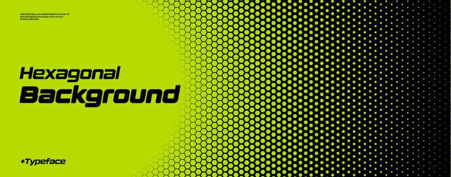 Hexagonal honeycomb green neon gradient, tech halftone background with bold rounded dynamic font for sport, race, technology. Perfect for banner, website, poster, branding, ads. Vector illustration