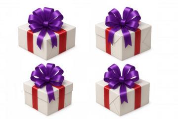White gift boxes with red ribbon and purple bows, representing giving, celebration, and special occasions