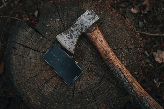 Tech device damaged on wooden block next to chopping tool