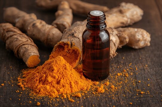 Ingredients of cosmetics and spa including Turmeric Essential Oil; Curcumin compound known for antibacterial, anti-inflammatory, acne treatment, hair care, and medicinal benefits