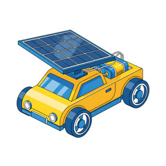 Solar-powered educational toy car with a small solar panel on top, designed as a sustainable energy science toy for children, clean modern vector style, isolated on white.