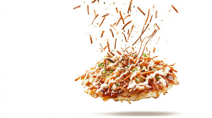 Obraz premium Japanese Pancake Okonomiyaki Floating with Savory Toppings