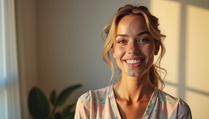 Smiling fair skinned woman portrait in pastel light, with space for text