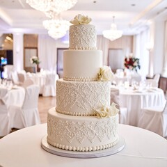 Elegant White Four Tier Wedding Cake Decorated With Lace And Flowers In A Ballroom.