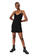 Black woman in a fitted dress png mockup