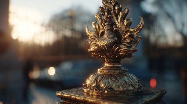 An ornate golden sculpture sits on a pillar as the golden sculpture reflects sunlight. A blurred gate and background enhance the golden sculpture's intricate details. - Powered by Adobe