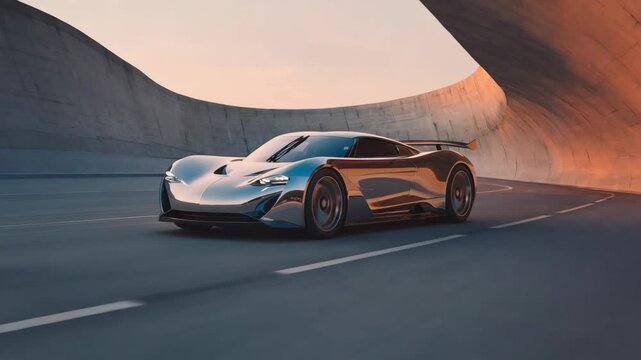 Futuristic metallic supercar drifting through tunnel curve at sunset, cinematic racing video