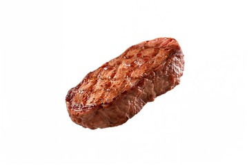 Naklejka premium Juicy grilled beef slice soaring against a plain white backdrop.