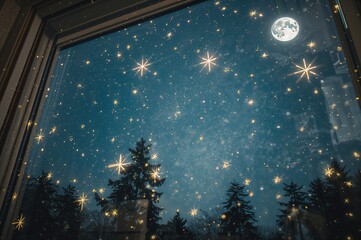 Close-up of hand-drawn moon and stars on a glass pane, representing an artistic idea. Abstract background showing a daytime sky with nocturnal elements. Imaginative window art featuring celestial