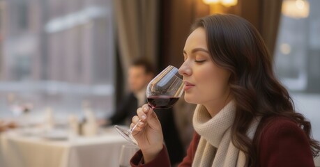 Elegant Woman Enjoying Red Wine in Cozy Restaurant Setting