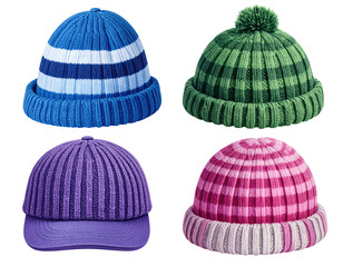 Four knitted winter hats in assorted colors and patterns