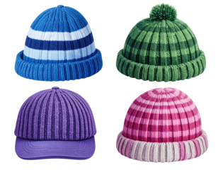 Four knitted winter hats in assorted colors and patterns